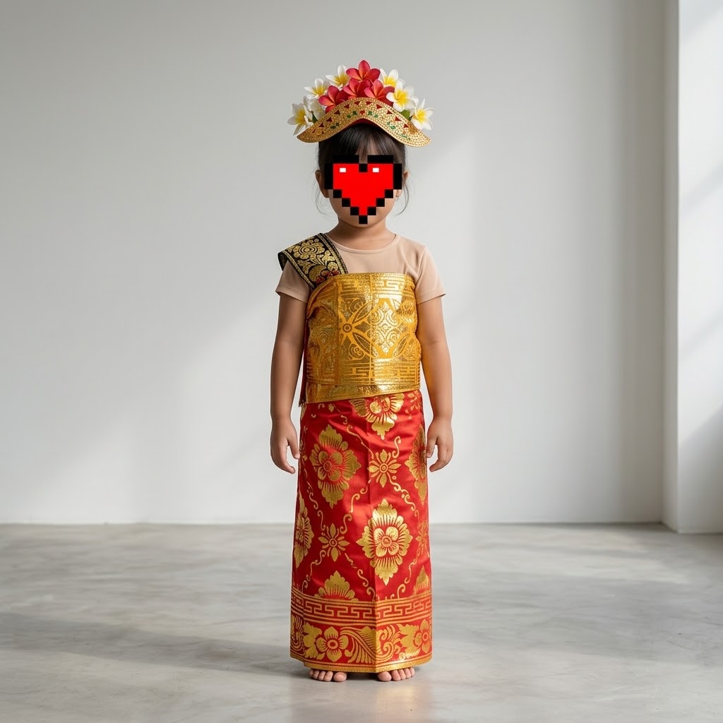 Busana Tari Tradisional Bali Cilik (Kemben Prada Emas & Mahkota Kamboja)