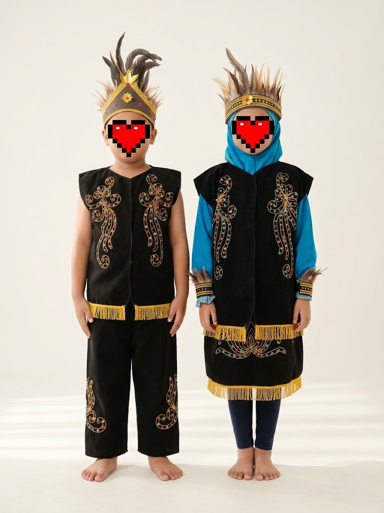 Busana Adat Dayak Cilik Etnik Berpasangan (Putra & Putri Berjilbab)