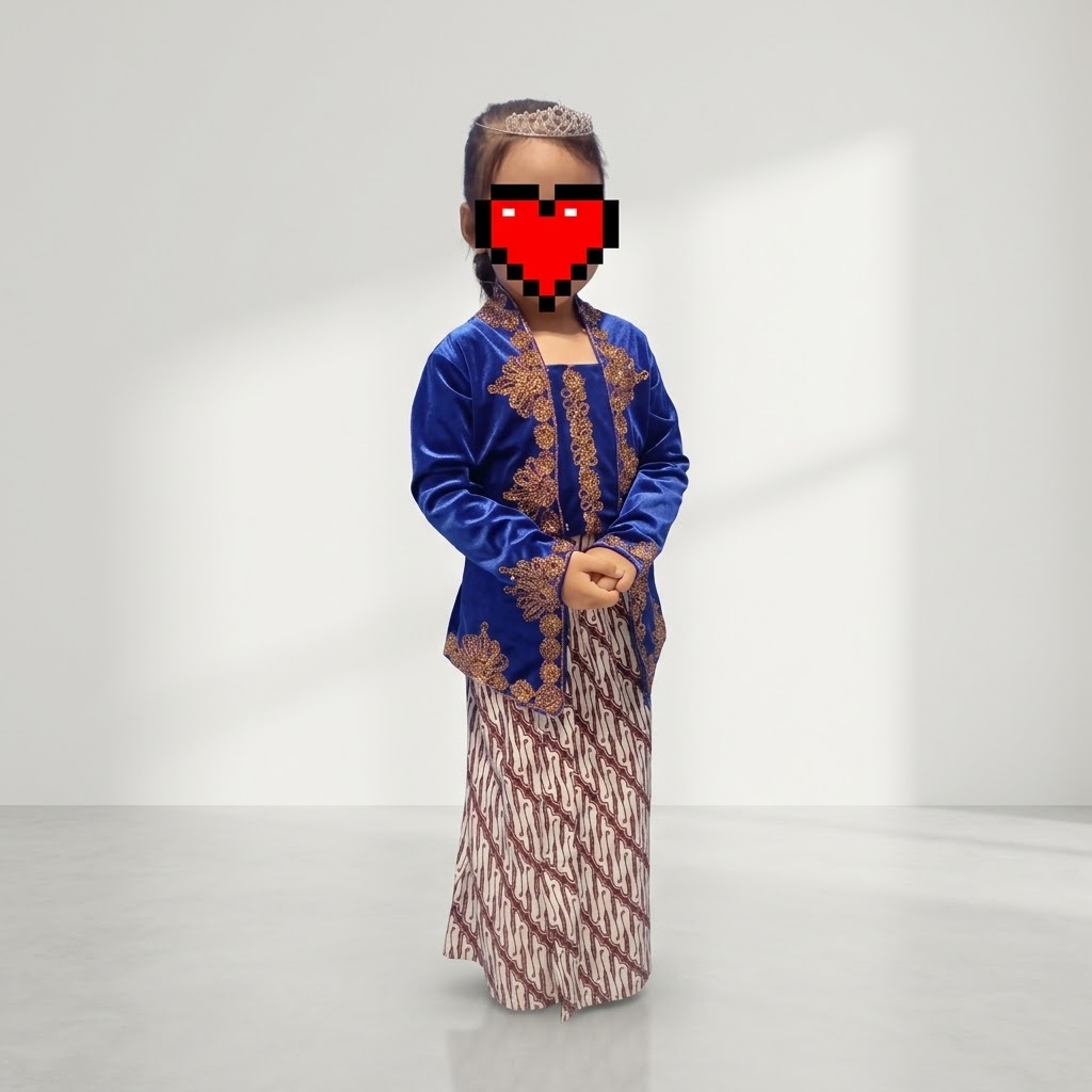 Kebaya Beludru Biru Royal Bordir Emas Cilik & Tiara Kristal